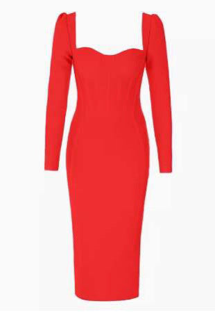 Summer Simple Retro Tube Top Long Sleeve Bandage Mid Length Slim Front Slit Dinner Dress Shop One Place