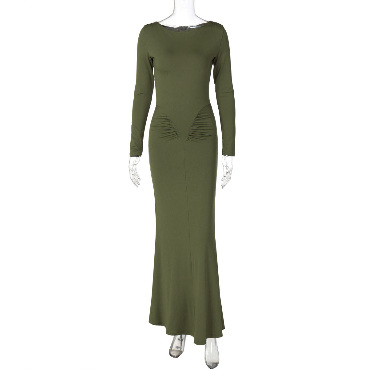 Summer Slim Pleated Round Neck Long Sleeved Dress Shop One Place