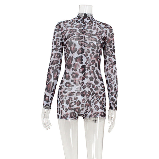 Women Sexy round Neck Long Sleeve Leopard Print High Elastic Jumpsuit Romper Shop One Place