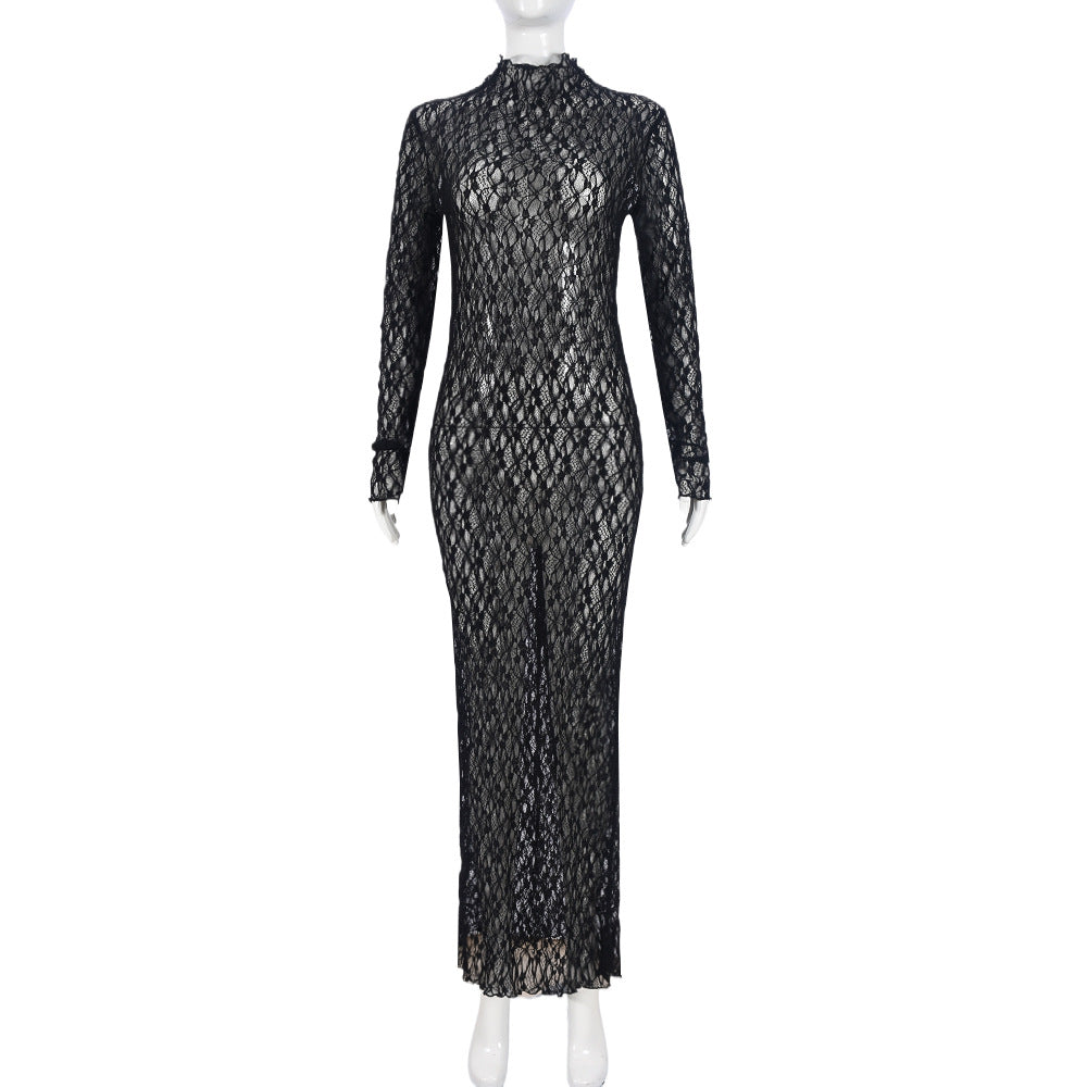 Long Sleeve round Neck Pullover Lace Mesh See through Dress Shop One Place