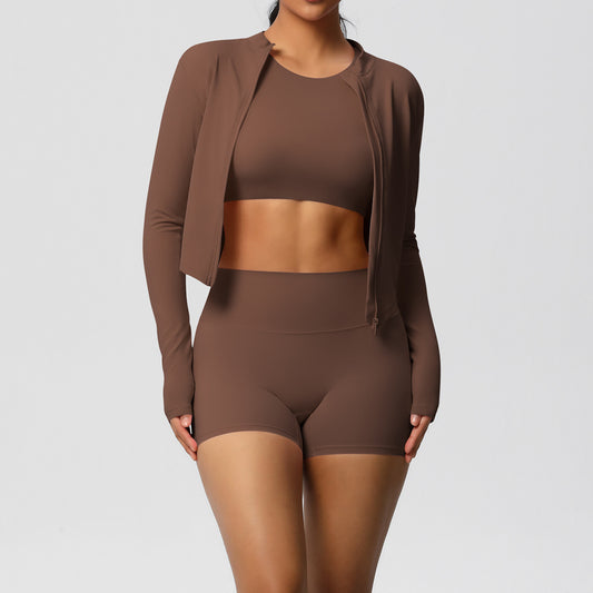 Three-Piece Sports Set: Zipper Jacket, Sports Shorts & Yoga Top Shop One Place