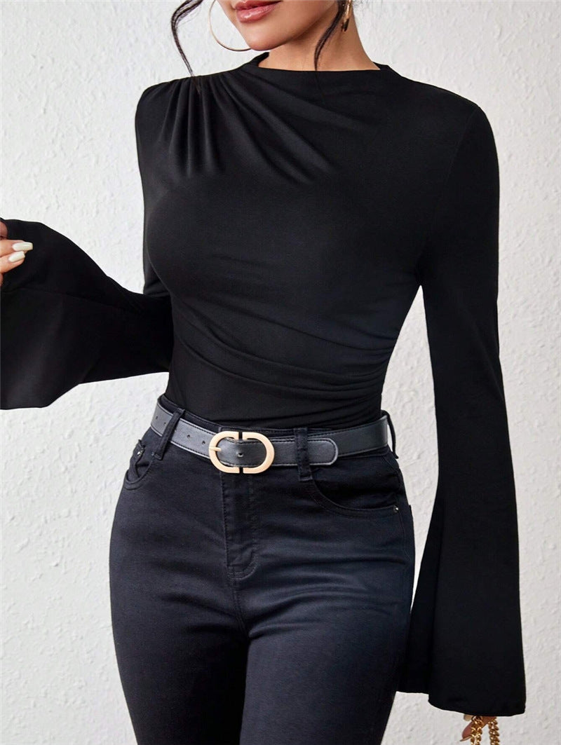 Pleating Bell Sleeve Stand up Collar Slim Fit T shirt Shop One Place