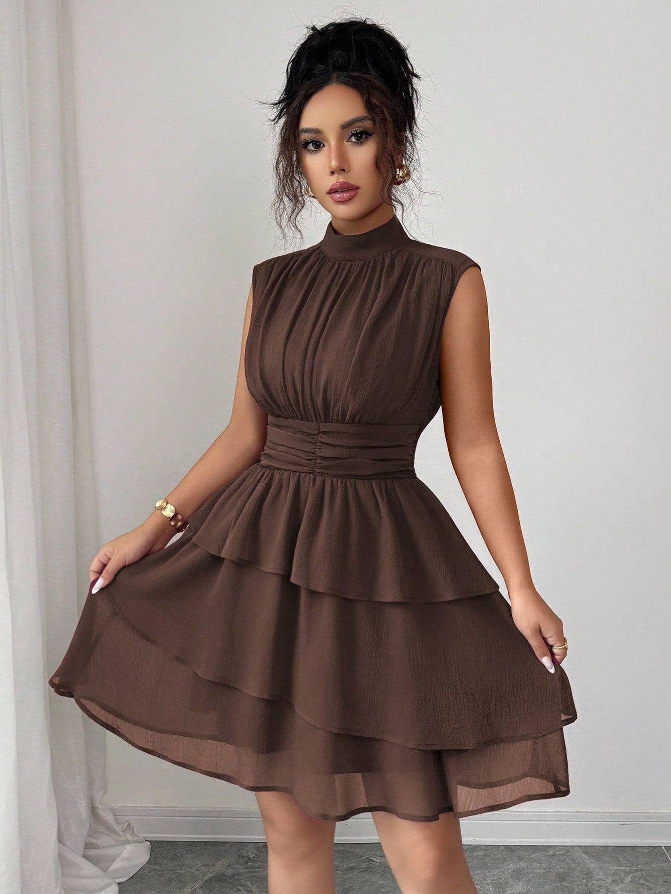 Casual Half Turtleneck Sleeveless Waist Solid Color Cake Layer Short Dress Shop One Place