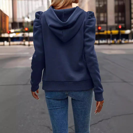 Polo Collar Hooded Solid Color Long Sleeve Casual Women Top Shop One Place