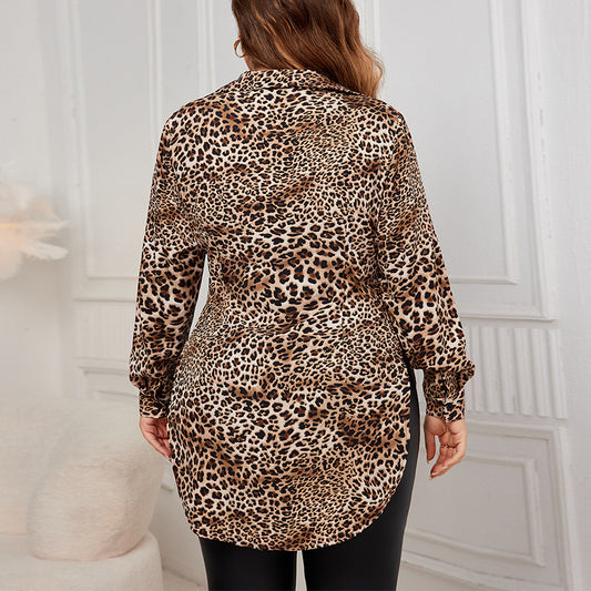 Plus Size Leopard Print Mid Length Long Sleeve Shirt Shop One Place
