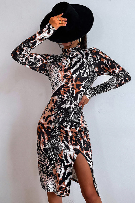 Popular Classic Leopard Snake Pattern Split Dress Shop One Place