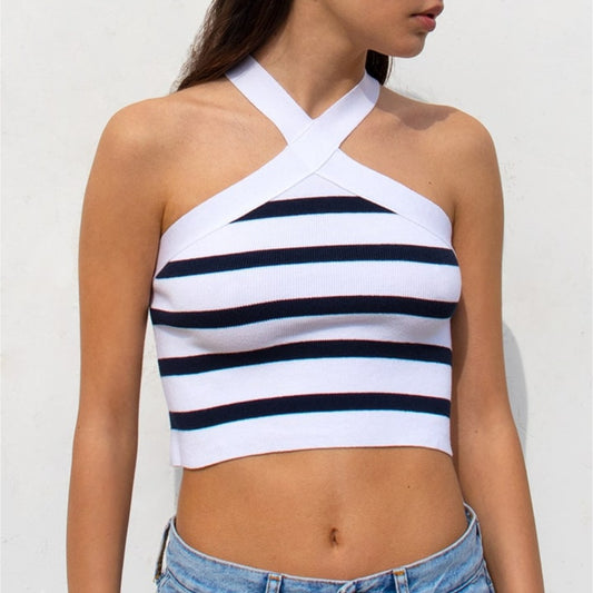 Striped Cross-Halterneck Knitted Tube Top Shop One Place