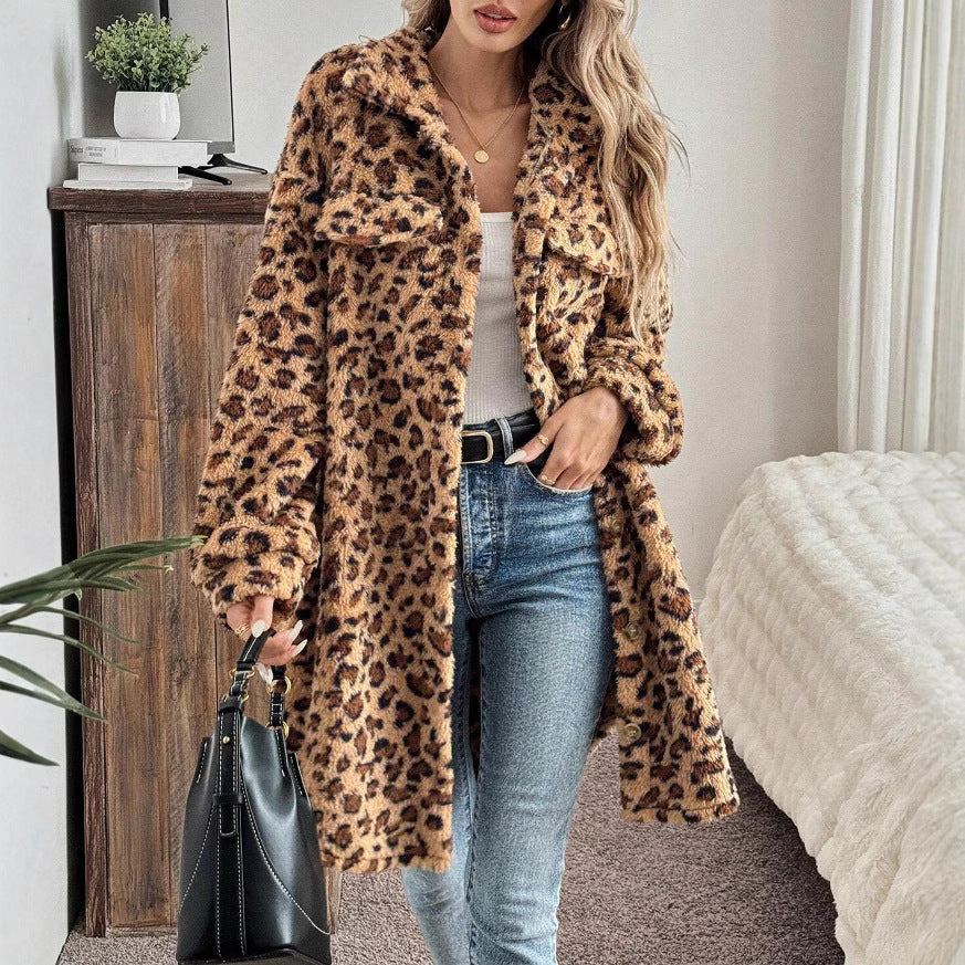 Leopard Print Double Sided Plush Mid Length Coat Shop One Place