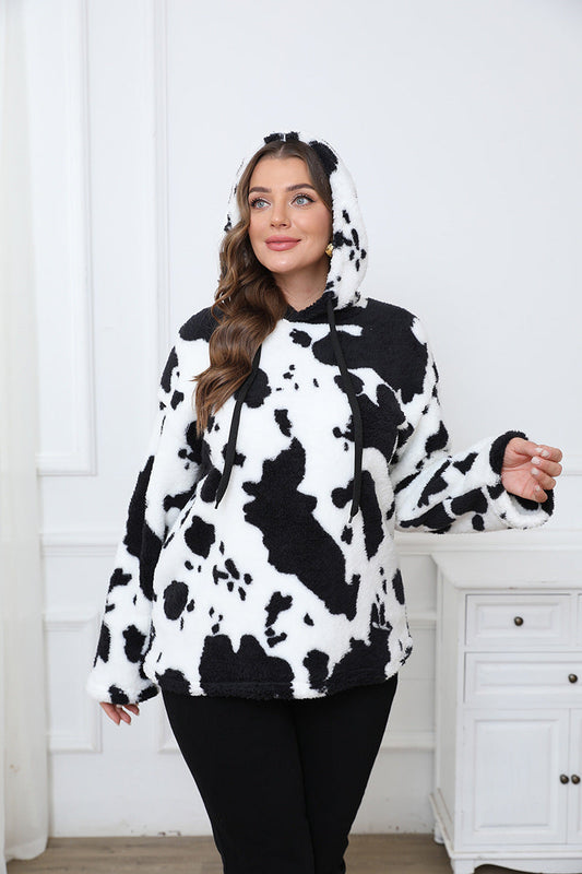 Loose Casual Cow Plush Long Sleeved plus Size Hooded Sweater Shop One Place