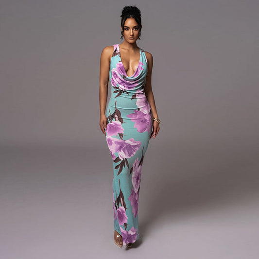 Backless Maxi Printed Pockets Collar Vest Dress Shop One Place