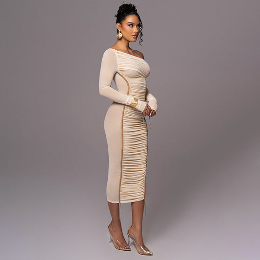 Mesh Stitching One Shoulder Slim Fit Maxi Dress Shop One Place