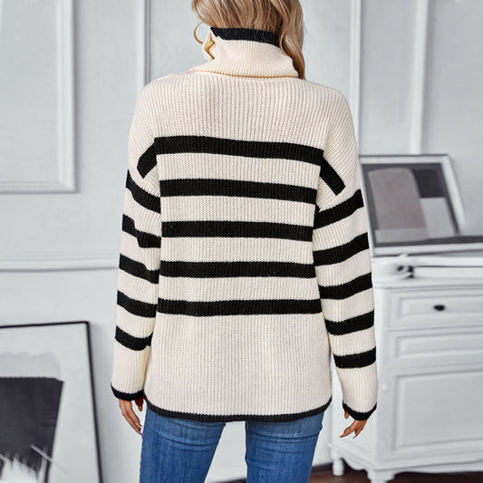 Striped Collared Pullover Casual Button Sweater Shop One Place