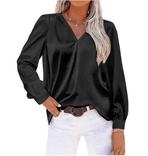 Satin Pleated V Neck Loose Satin Shirt Shop One Place