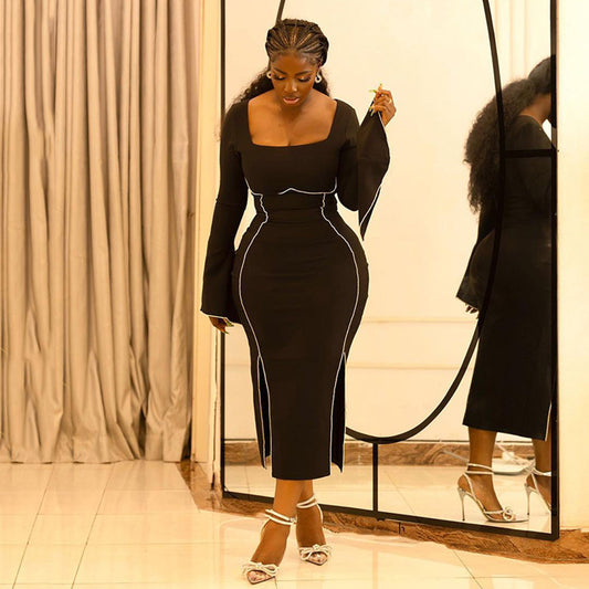 Sexy Slit Flared Sleeves Rhinestone Slim Fit Bandage Dress Shop One Place