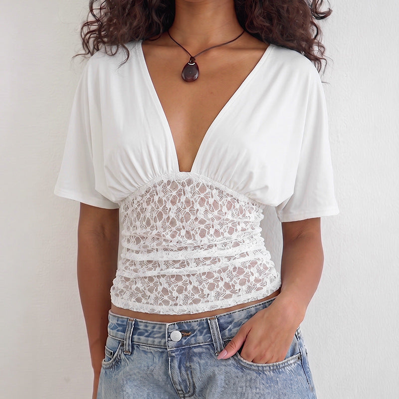 Spring Summer Elegant Slim Deep V Plunge Batwing Sleeve Splicing Lace Top Women Shop One Place