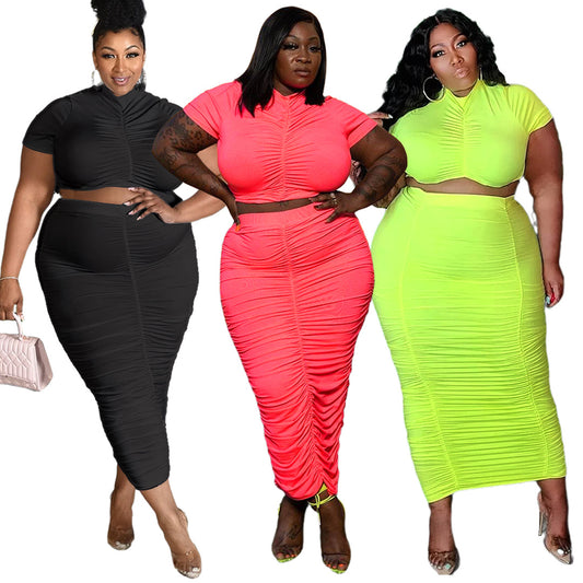 Plus Size Pleated Super Elastic Skirt Set Two-Piece Set Shop One Place