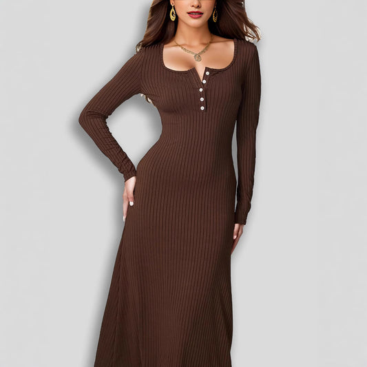 Button Square Collar Long Sleeve Wide Hem Maxi Dress Shop One Place
