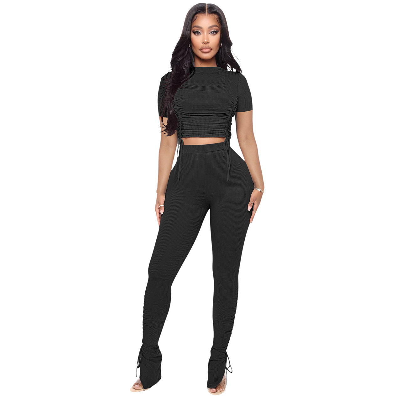 Round Neck Short Sleeve Thread Pleating Split Casual Two Piece Set Shop One Place