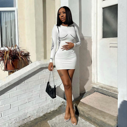 Spring Summer Women Clothing Sexy Slimming round Neck Long Sleeve Dress Short Shop One Place