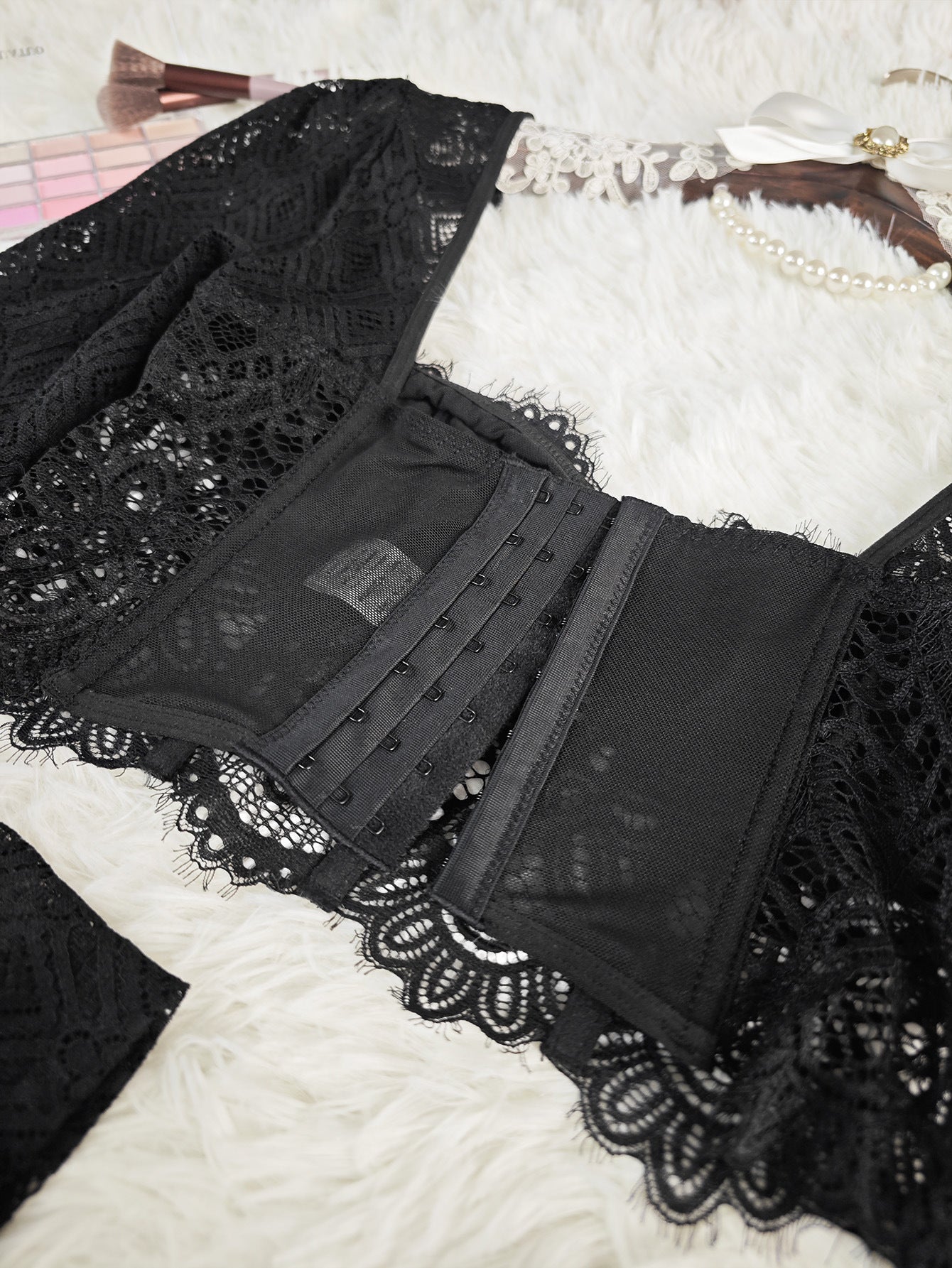 Long Sleeve Mesh Lace Top Hollow Out Cutout out See-through Slim Sexy Short Shop One Place