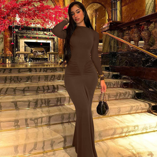 Summer Slim Pleated Round Neck Long Sleeved Dress Shop One Place