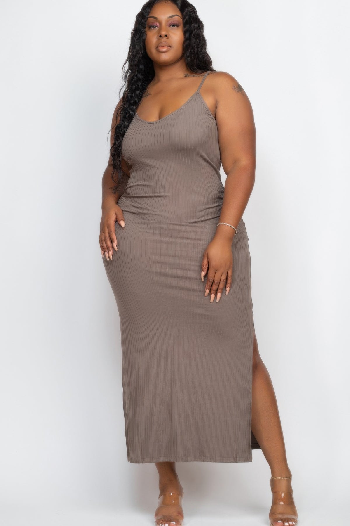 Plus Size Ribbed Side Slit Long Cami Maxi Dress Shop One Place