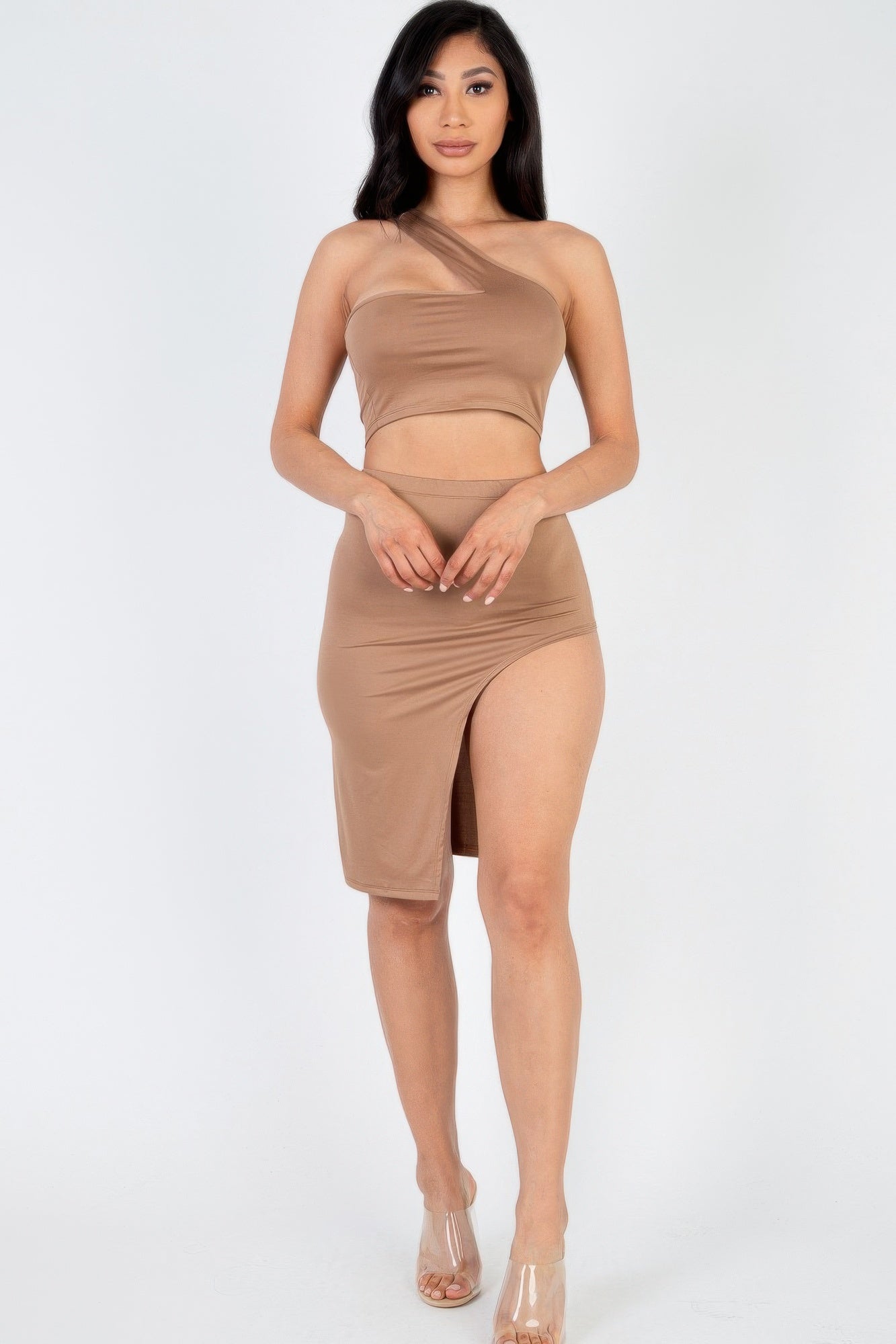 Sexy Solid One Shoulder Crop Top & Split Thigh Midi Skirt Set Shop One Place
