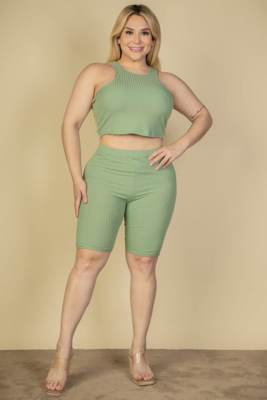Plus Size Ribbed Cropped Tank Top And Biker Shorts Set Shop One Place