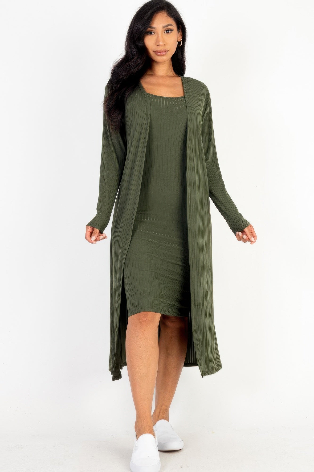Ribbed Cardigan & Cami Midi Bodycon Dress Shop One Place