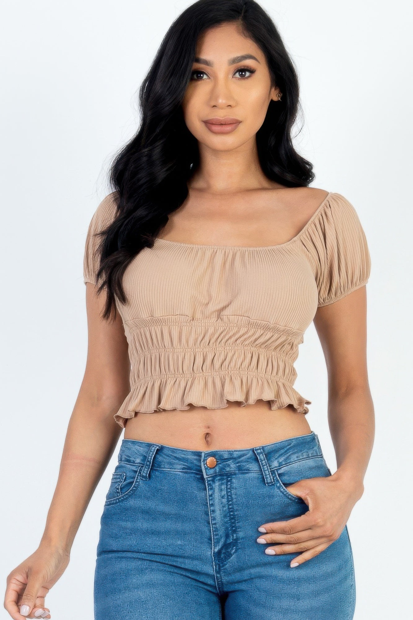 Casual Ruched Puff Sleeve Ribbed Knit Solid Top Shop One Place