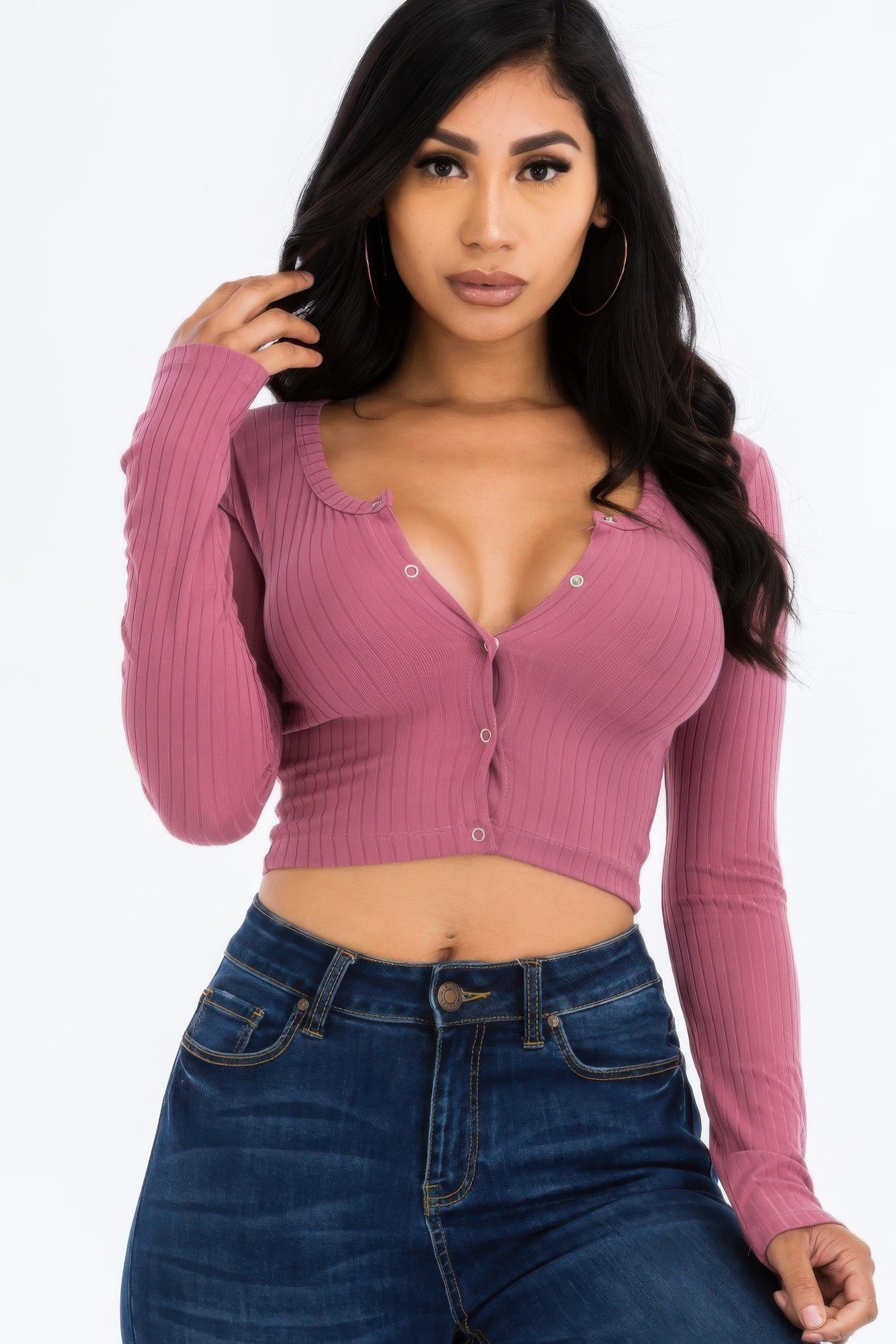 Ribbed Long Sleeve Snap Button Down Crop Top Shop One Place