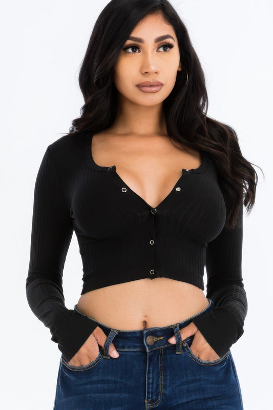 Ribbed Long Sleeve Snap Button Down Crop Top Shop One Place