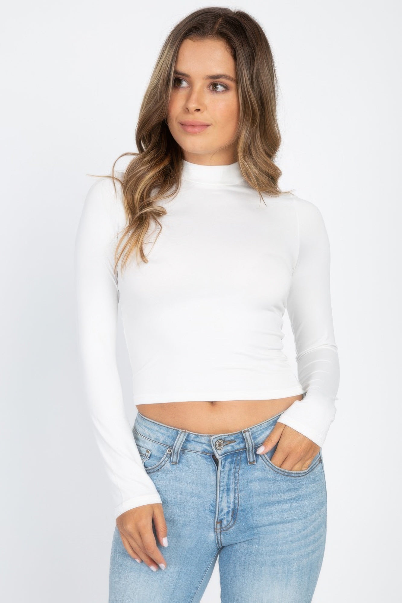 Mock Neck Solid Long Sleeve Top Shop One Place