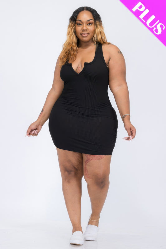 Plus Size Ribbed Split Neck Tank Mini Dress Shop One Place