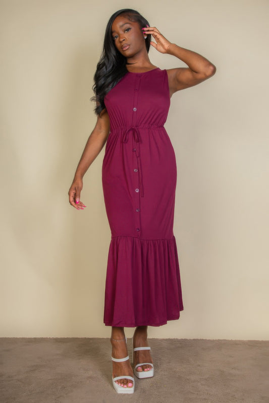 Button Front Tie Waist Sleeveless Maxi Dress Shop One Place