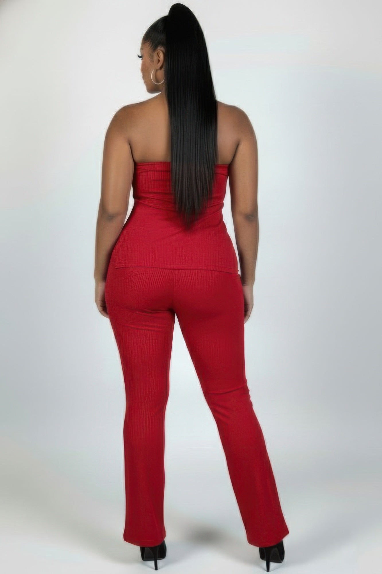 Plus Size Ultra-fine Ribbed Slit Tube Top & High-waist Flare Pants Set Shop One Place