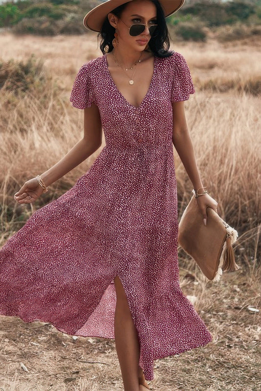 V Neck Polka Dot Short Sleeve Dress Shop One Place