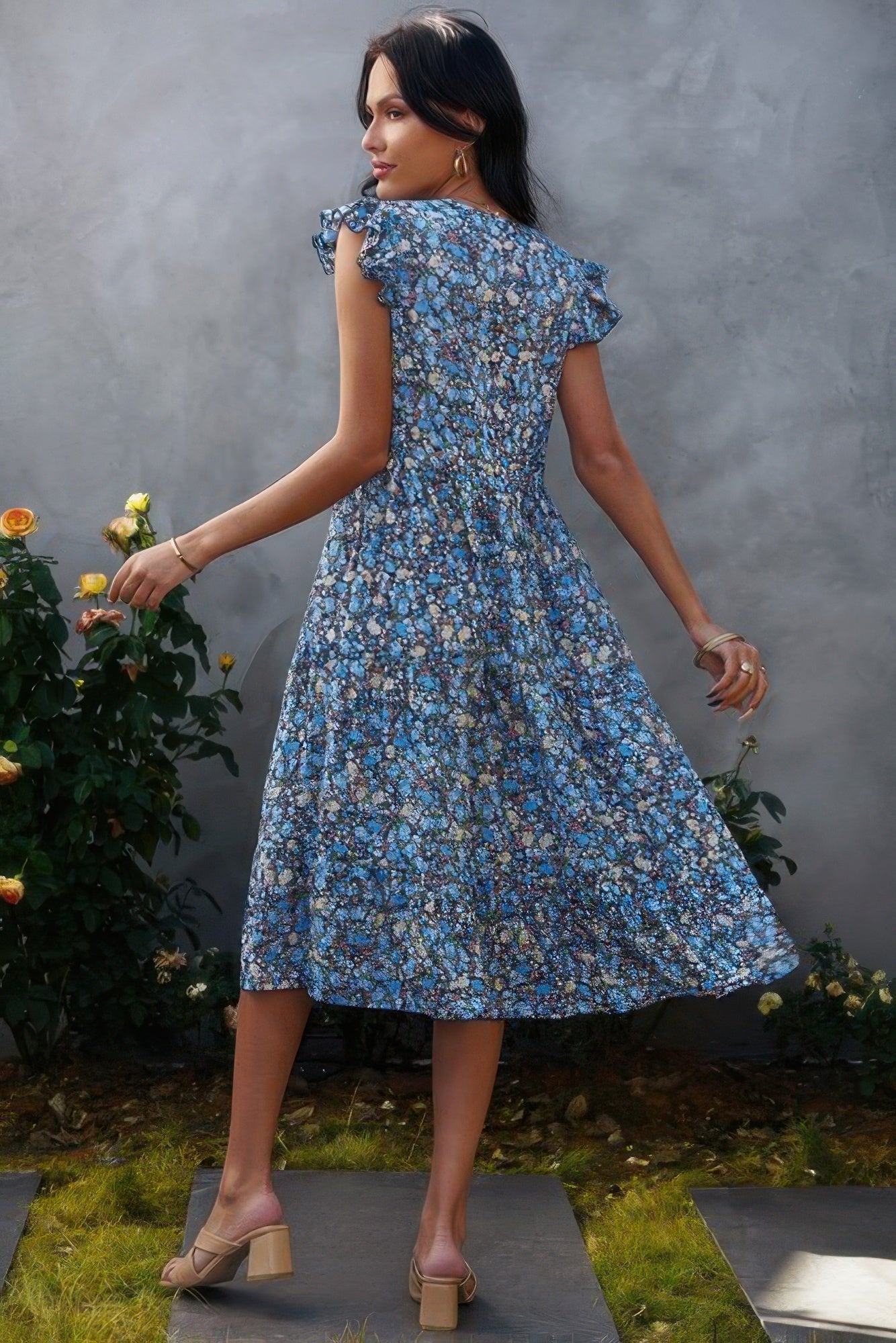 Boho Floral V Neck Ruffle Sleeve A Line Midi Dress Shop One Place
