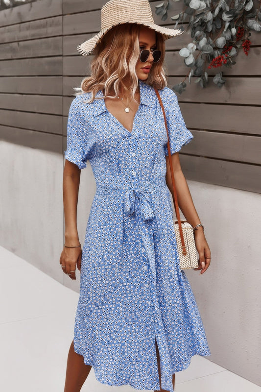 Floral V Neck Short Sleeve Dress Shop One Place