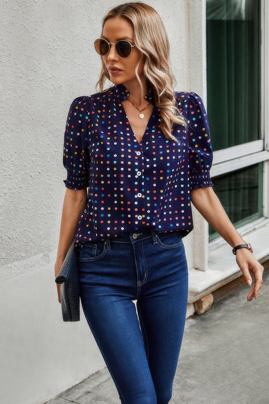 Polka Dot Print Puff Sleeve Loose Shirt Shop One Place