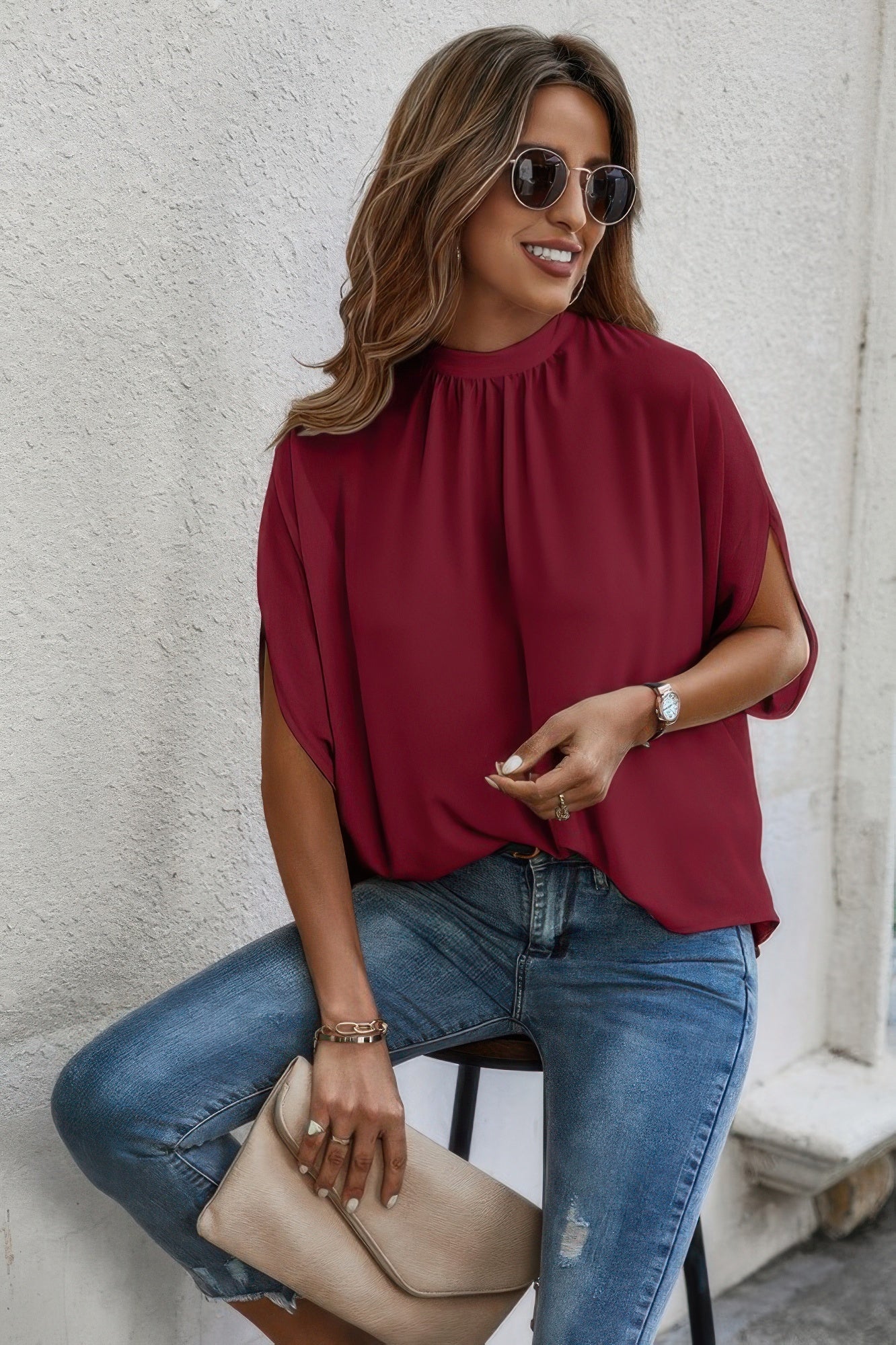 Mock Neck Batwing Sleeve Solid Loose Blouse Shop One Place