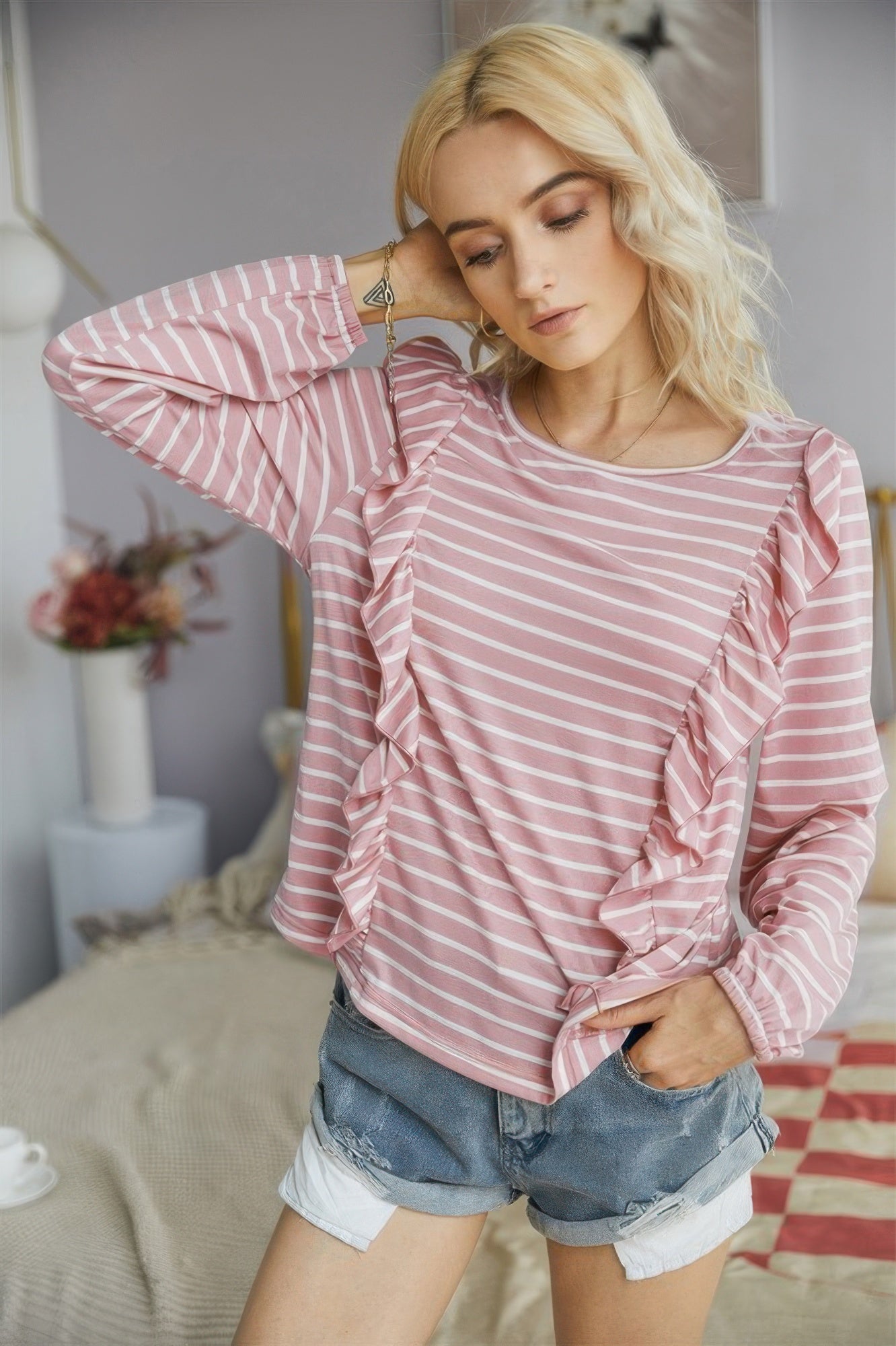 Crew Neck Ruffles Long Sleeves Knitted Striped Shirt Shop One Place