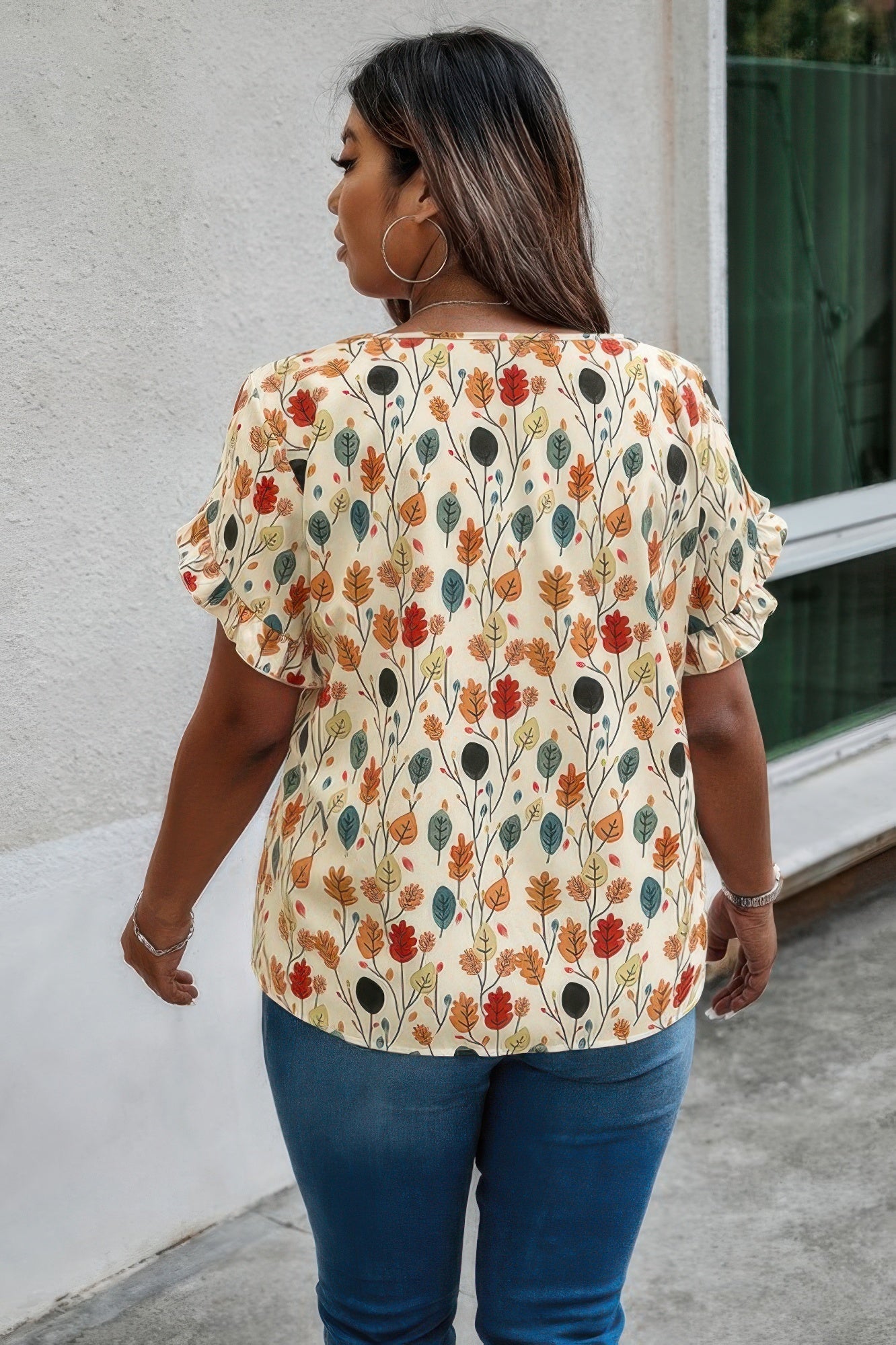 Plus Round Neck Floral Flounce Sleeve Loose Shirt Shop One Place