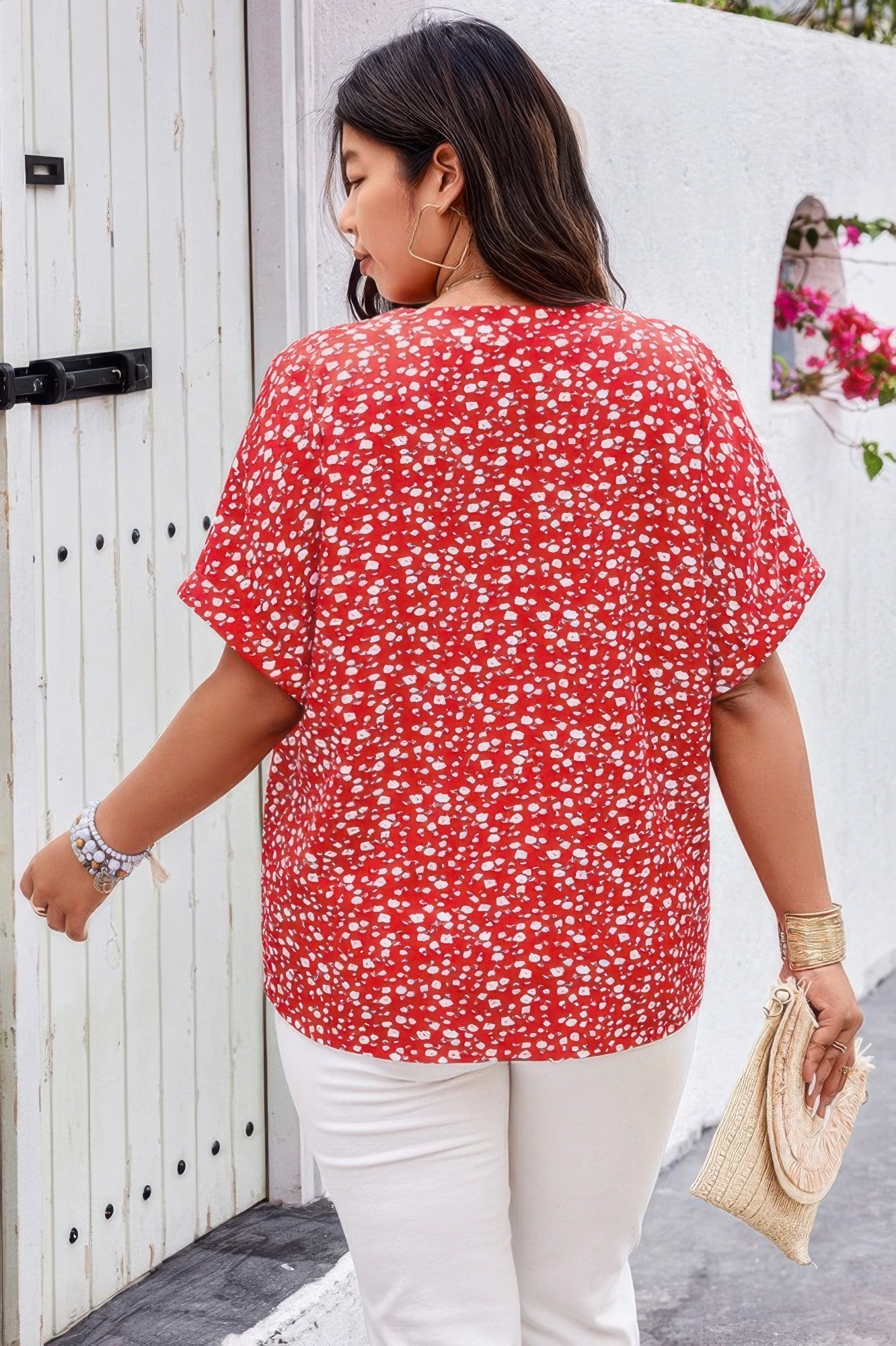 Plus Floral Print V Neck Short Sleeve Loose Blouse Shop One Place