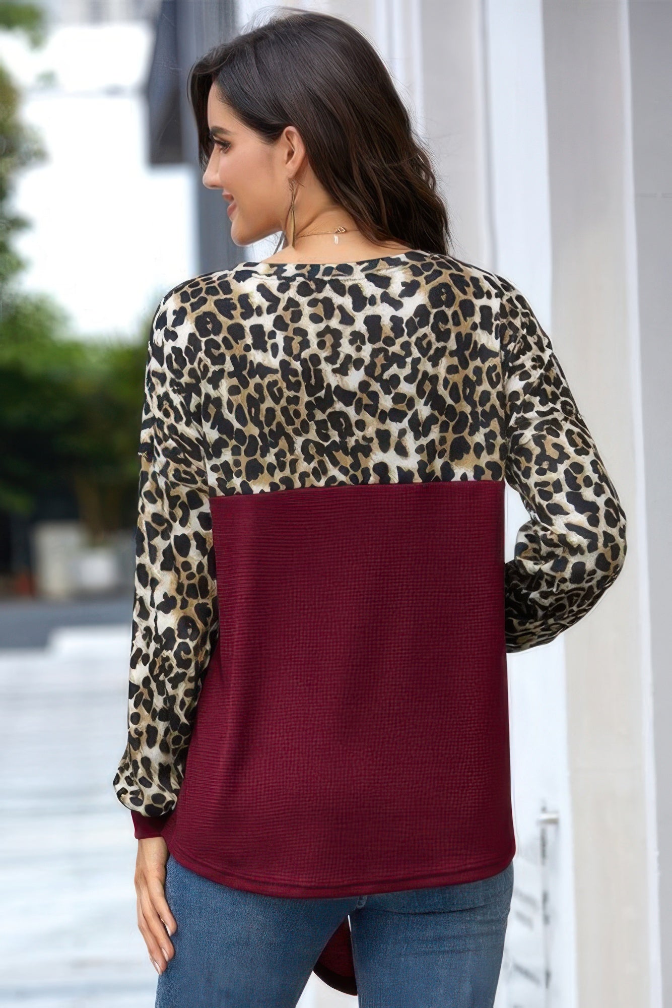 Leopard Stitching Bow Knit Crew Neck Loose Pullover Shop One Place