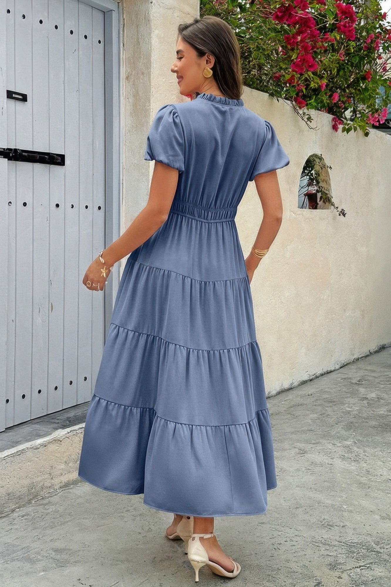 Solid V Neck Color Block Elastic Waist Dress Shop One Place