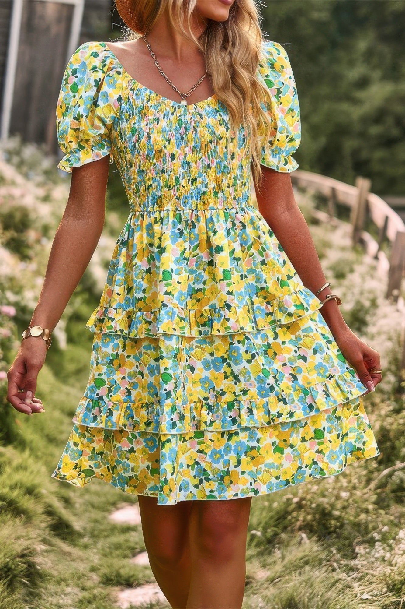 Floral Print Fit Short Sleeve A Line Dress Shop One Place