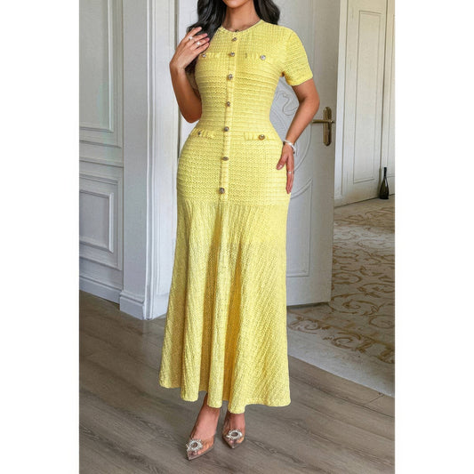 Solid Round Neck Button Elegant Sheath Dress Shop One Place