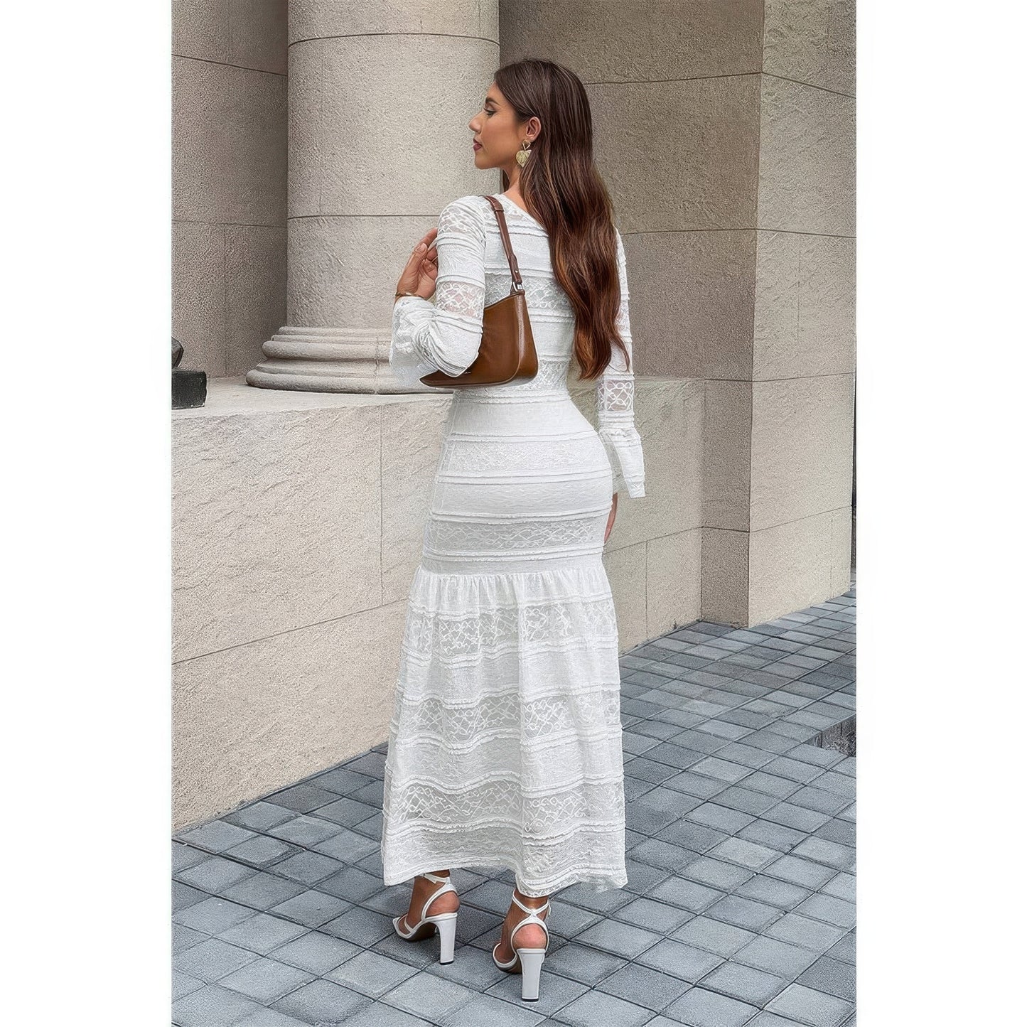 Lace Mermaid Round Neck Solid Maxi Dress Shop One Place