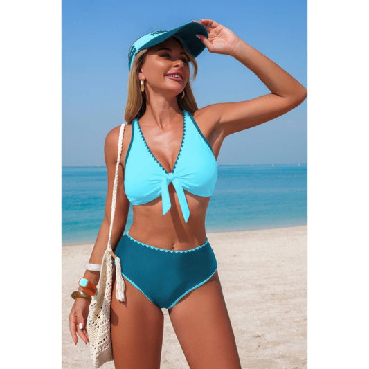 Two Piece Tie Knot Contrast High Waisted Bikini Shop One Place
